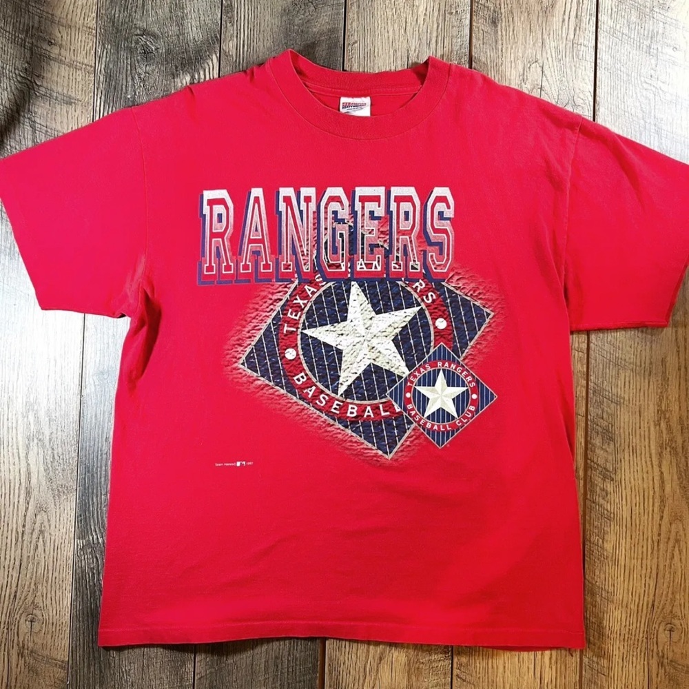 Vintage TEXAS RANGERS T-Shirt Mens X-Large Red HANES Single Stitch 1997 Top EUC